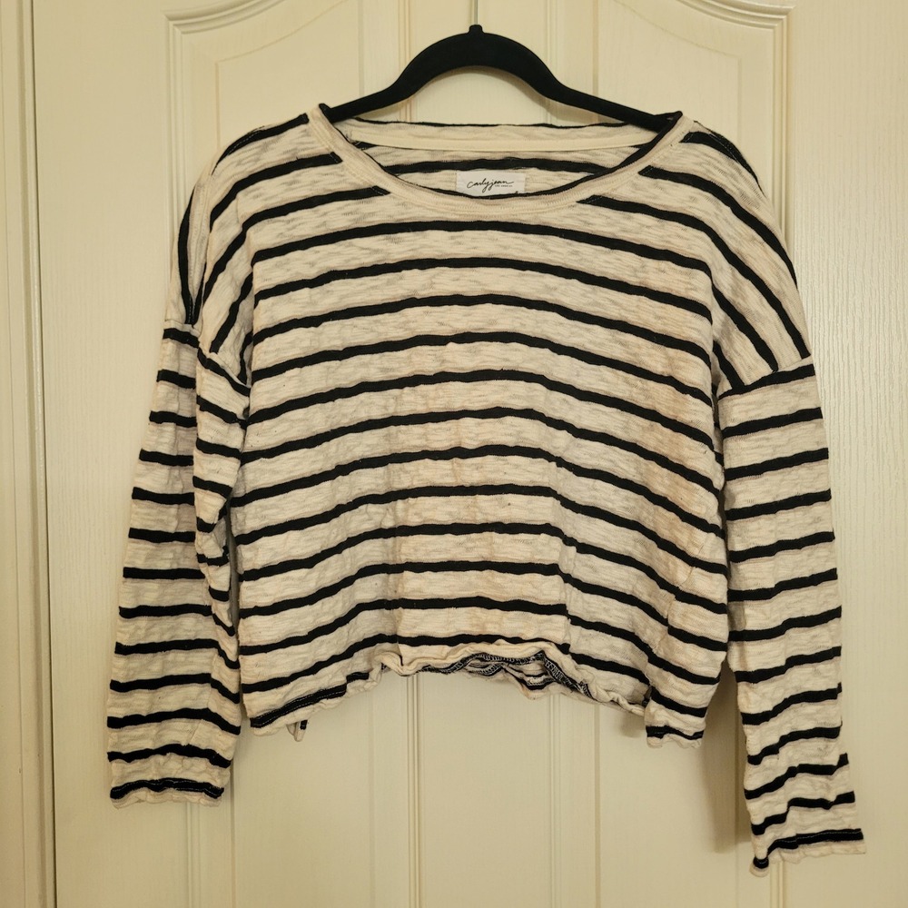 Carly Jean Los Angeles Striped Long Sleeve Cotton Slub Top Black White Medium